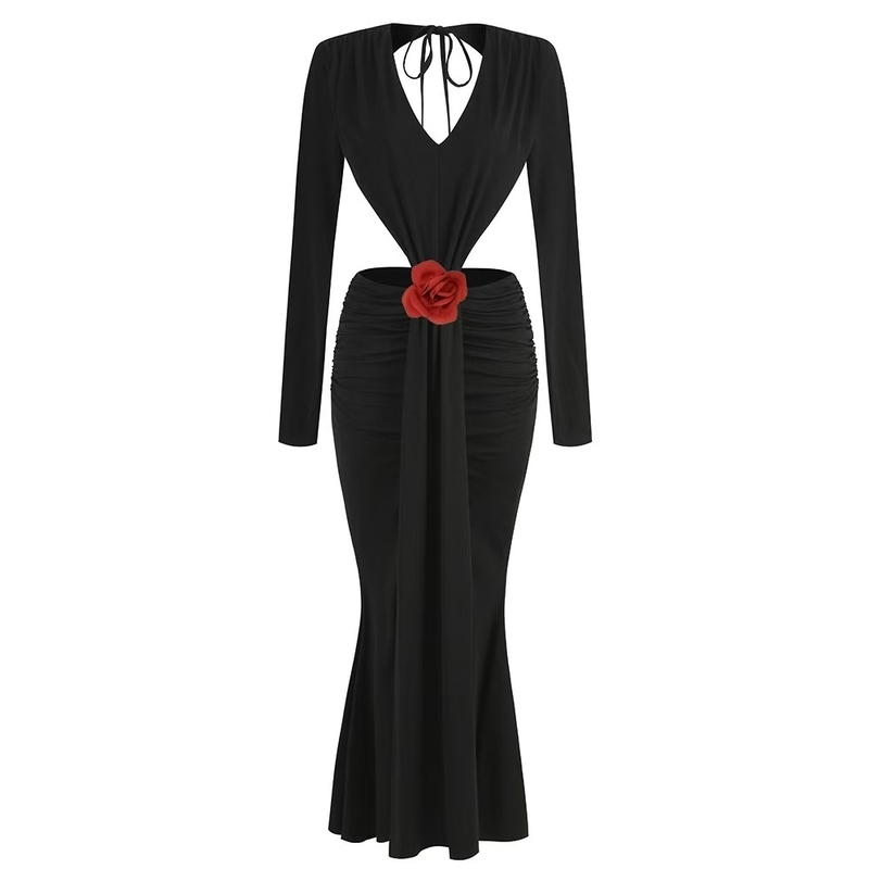 LS2527 Women's Straight Tube Dress end Sexy V-neck Backless 3D Flower Elegant Long Dress 220g Fabric Weight Woven Craft
