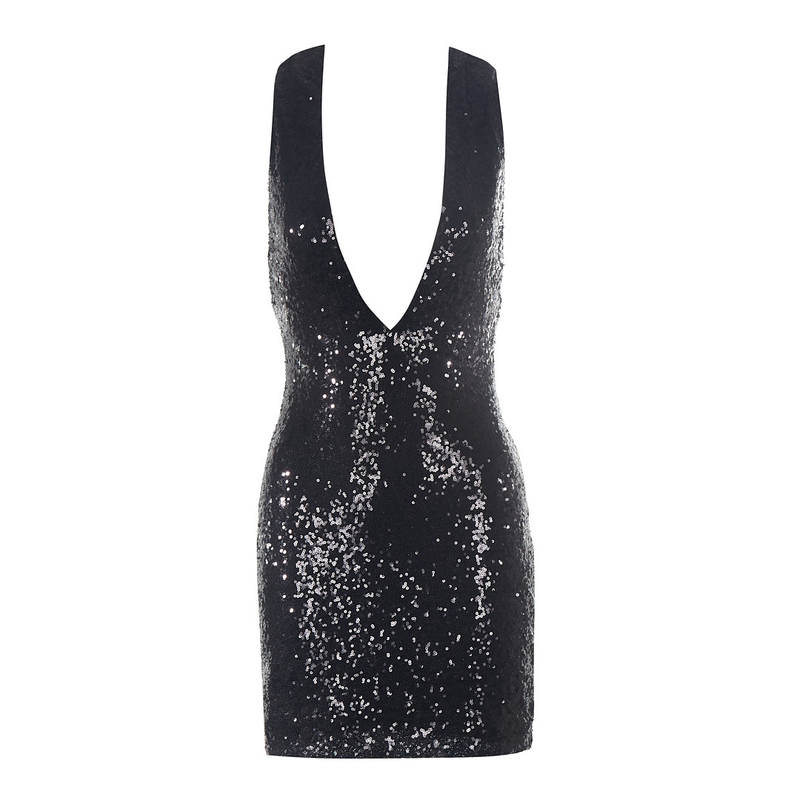 SB3247 Women's Sexy Black Sequin Dress Sleeveless Slim Mini Dress Deep V-neck Summer Straight Knife Hem Woven Knit Weave