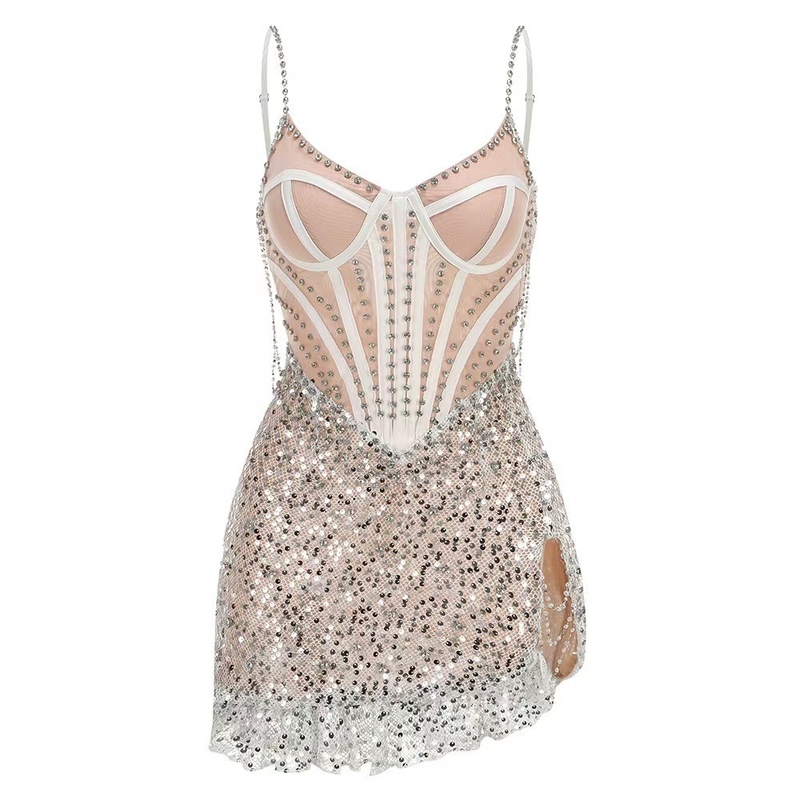 SB3241 Birthday Dress Cover 7-Day Fast Sampling Color Blocking Technique Mini Length Sexy Slip Dress with Rhinestone Chain and Sparkle