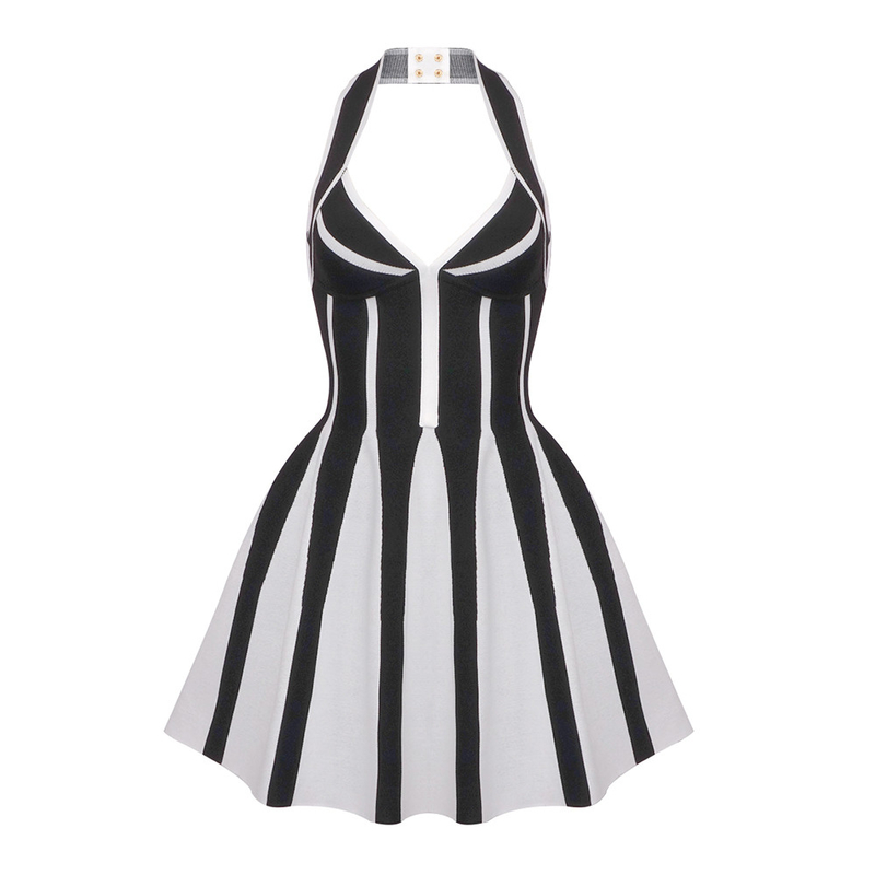 Button Decorated SB3240 Women's Backless Mini Dress Elegant Knit Fabric with Washable Feature and Button Detail