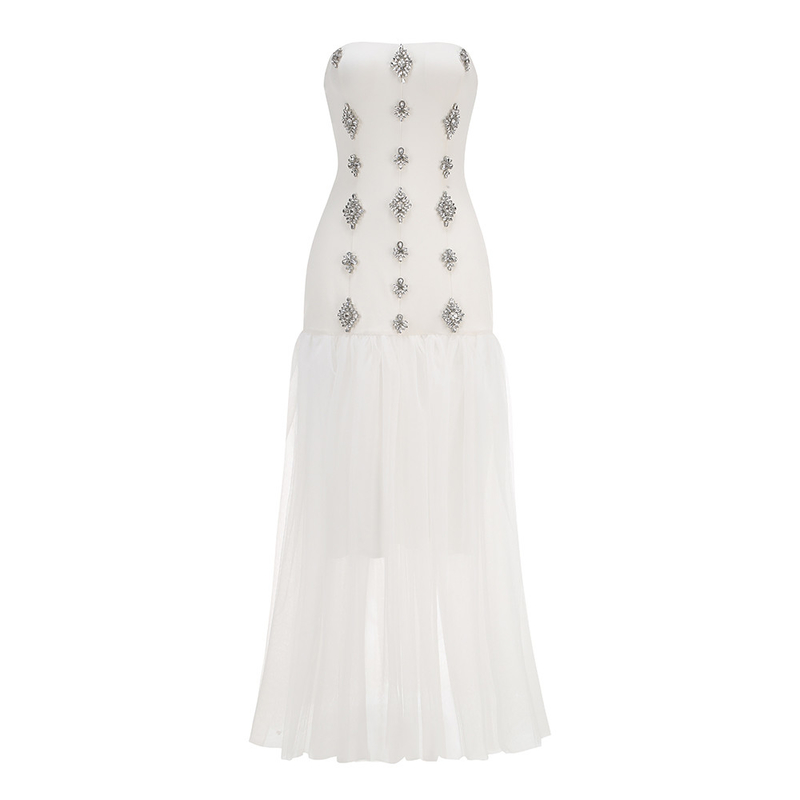 SB3250 Luxurious Summer Sexy Women's Party White Maxi Dress with Sleeveless and Strapless Crystal Tight Mesh Bodice