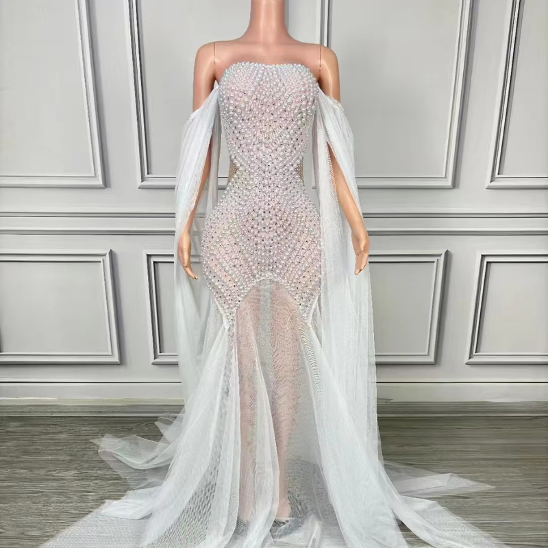 Sleeve Type Regular Sleeve AD2283 White Long Shirt Sexy Abundant Pearl Wedding Dress Elegant Sexy Ladies' Elegant Dress