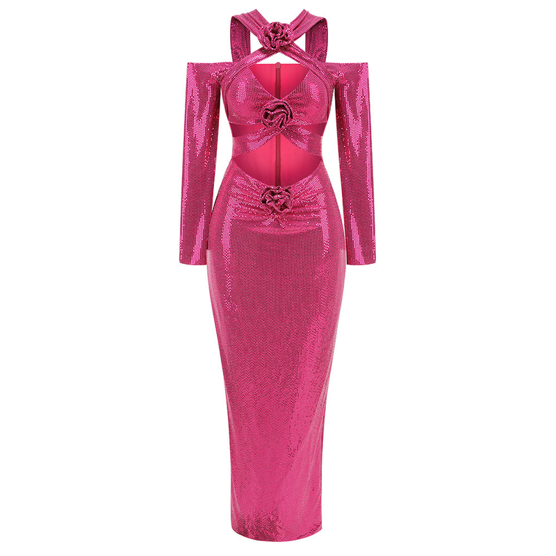 LS2528 Hollow Flower Maxi Ball Gown Long Sleeve Sparkly Sequin Women's Evening Dress No Built-in Bra Support Included