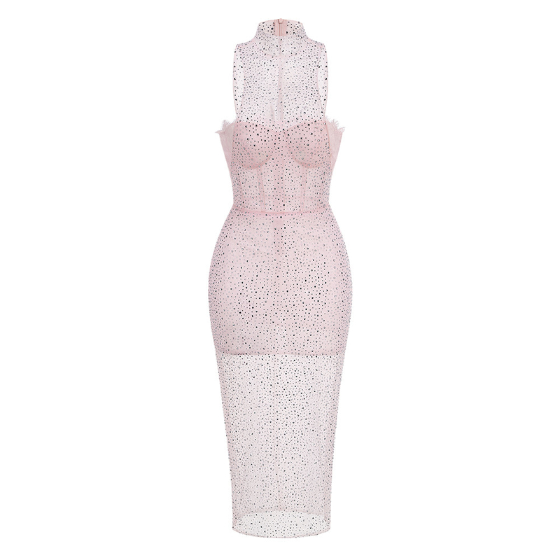 SB3118 Kimshein Midi Dress Sexy Sheer Panels Elegant Mesh and Dazzling Rhinestones for a Show-Stopping Evening Ensemble