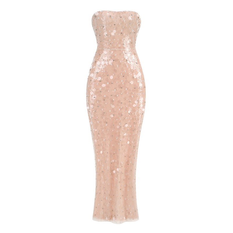 Elegant White Pearl Maxi Cocktail Dress with Shiny Sequins Strapless and Pure Color Pattern Made of Spandex/Polyester