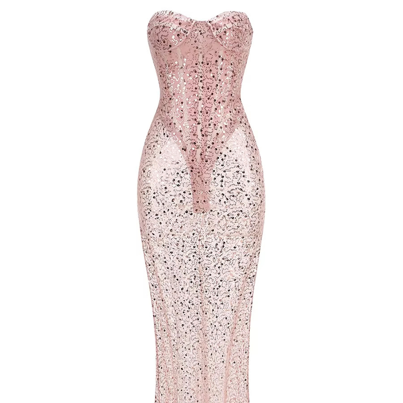 Adult Women's Sexy Mesh See-through Party Dress in Pink with Off-shoulder and Sequins Kimshein SB3101 Tight Fit No Sleeves