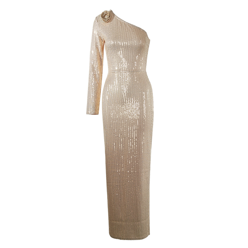 LS2562 Kimshein Long Sleeve Party Dress in Polyester and Cotton Fabric with Shiny Maxi Sequin Elegant One Shoulder Dress