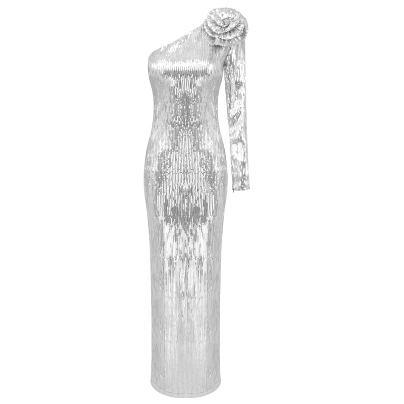 Elegant One-Shoulder Dress LS2558 Kimshein Fashionable Women's Party Sequin Dress Full Sleeve in Polyester and Cotton