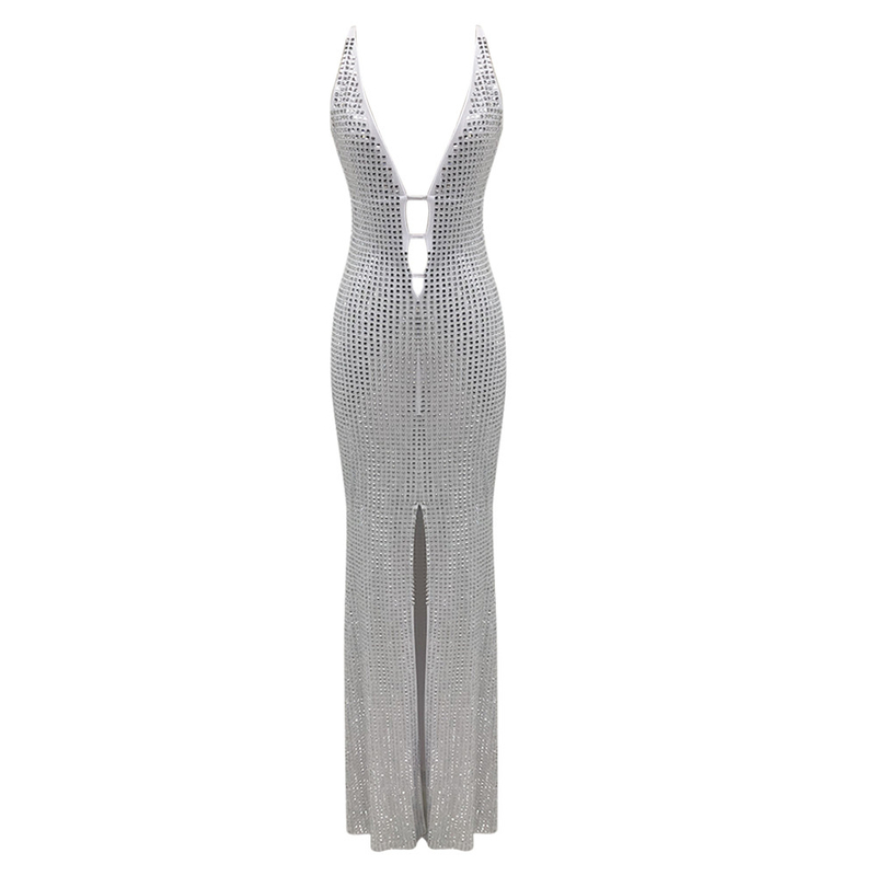 Kimshein SB3230 Women's Luxurious Clothing Sexy V-Neck Long Dress Elegant Party Dress Crystal Dress with Exquisite Design