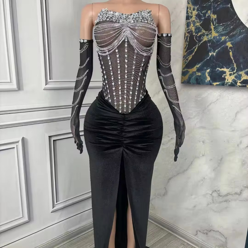 AD2152 Luxury Crystal Dress Full Sleeve Ball Gown for Women's Elegant Party Sexy Clubwear and Ballroom Dance
