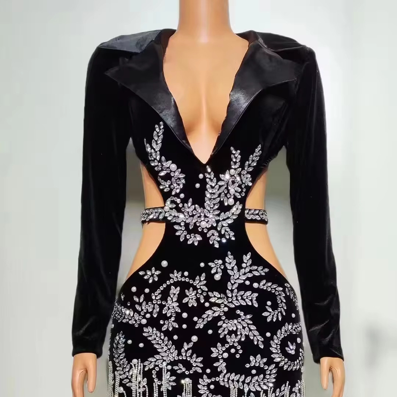 AD2143 Black Velvet Sexy Evening Dress with Handmade Crystal Rhinestone and Hollow Out Tight Fitted Bodycon Maxi Dress