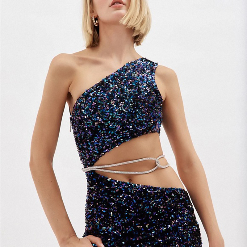 Pure Color Nightclub Dress SB2942 Fashionable Shiny Sequin Evening Dress with No Sleeves and Elegant Bandage Design