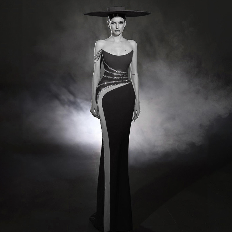 SB2965 Luxurious Diamond Dress Crystal Long Band Elegant Evening Gown in Pure Color with Sleeveless