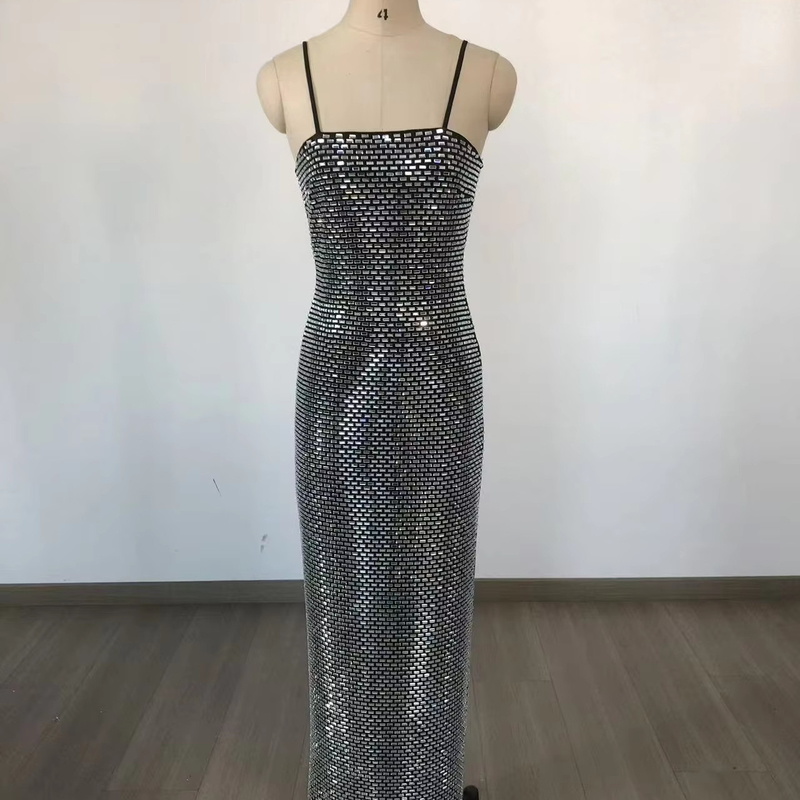 SB3220 Luxury Beaded Silver Handmade Water Diamond Black Mesh Sleeveless V-Neck Bodycon Party Dress 7-Day Fast Sampling