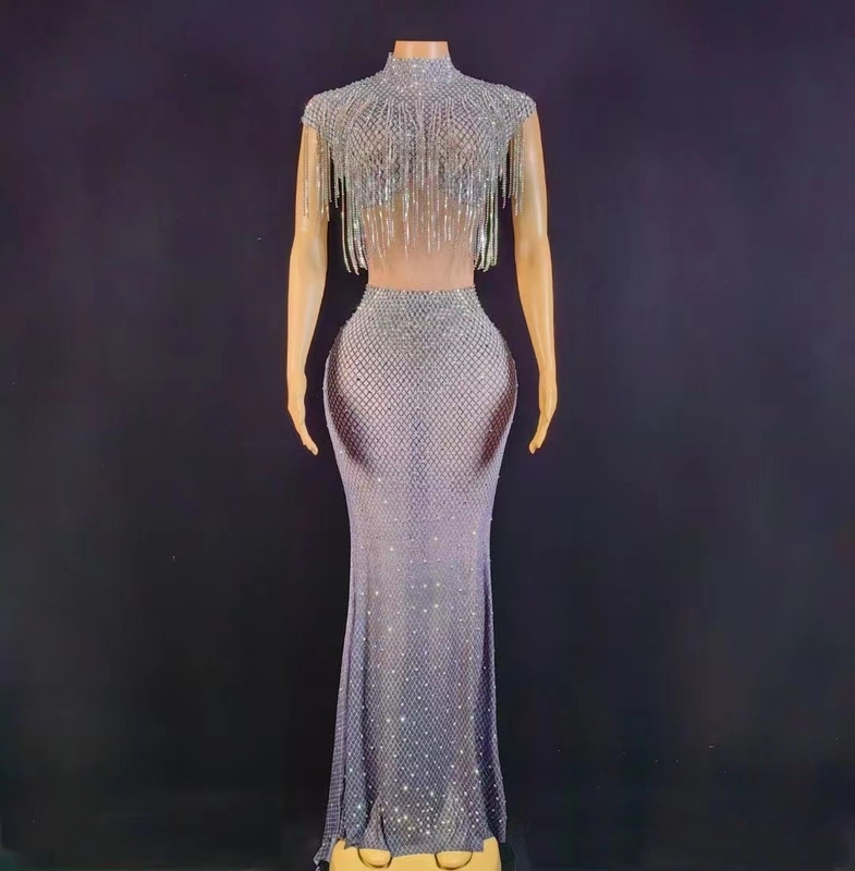 AD1752 Handmade Luxury Crystal Fringe Dress Hollow Out See-through Sexy Tight Sequin Maxi Dress with Crystal Decorations