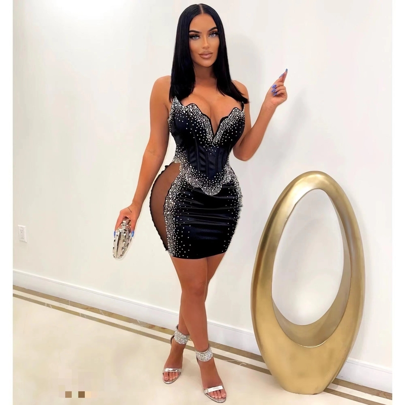 ED2345 Super Shiny Sexy Black Bodycon Dress Sleeveless Short Sheath Dress Crystal Nightclub Evening Dress for Nightclub