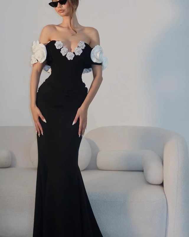 Kimshein Bodycon Black Maxi Floral Dress 420g Fabric Weight Luxury Bandage Dress for Elegant and Sexy Women