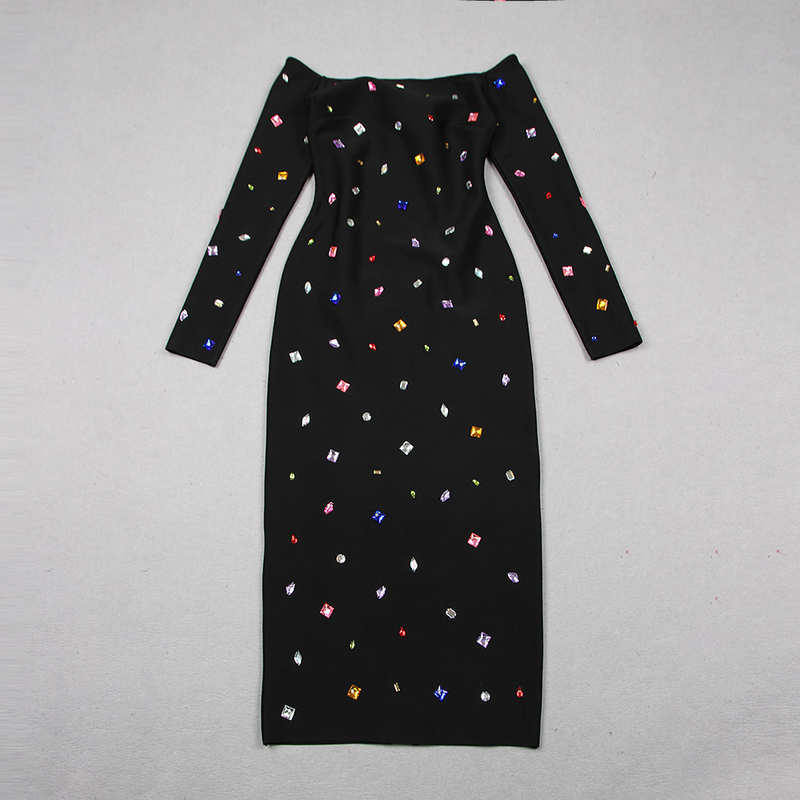 Stunning LS2395 Maxi Cocktail Dress with Long Sleeves Colorful Crystals and Bandage Design for a Sophisticated Party Look