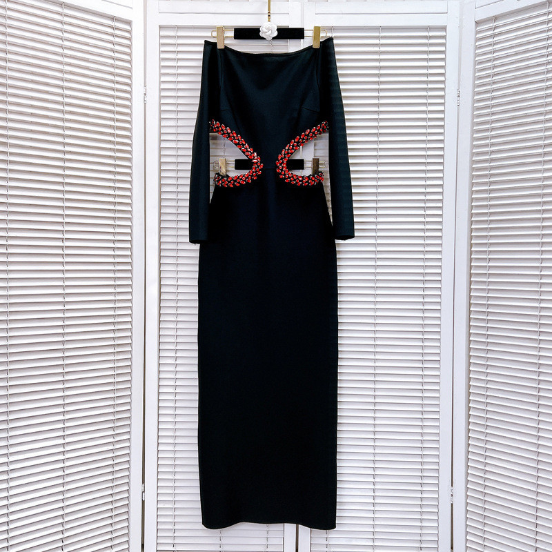 Sexy Black Diamond Crystal Off-Shoulder Dress Elegant Bodycon Bandage Dress Woven Craft and Knee Length LS2347 for Club Party