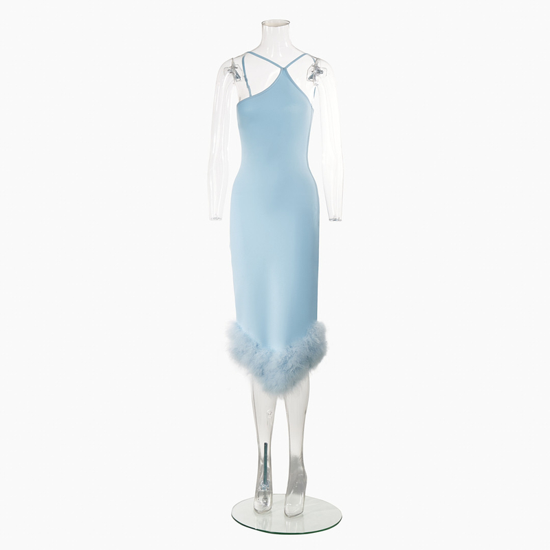 7-Day Fast Sampling Supported Blue Women's Party Dress with Feather Strapless Bridesmaid Dress and Elastic Material