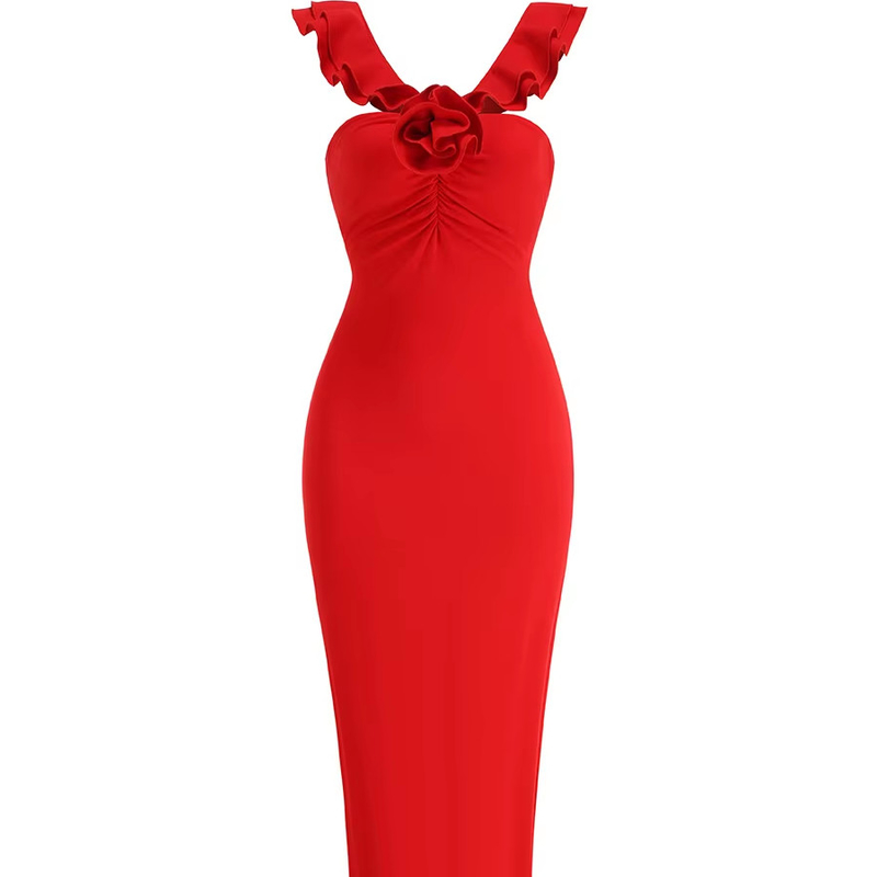 Sexy Club Party Red Summer Maxi Cocktail Dress with Mesh Design and Lightweight Fabric in Red